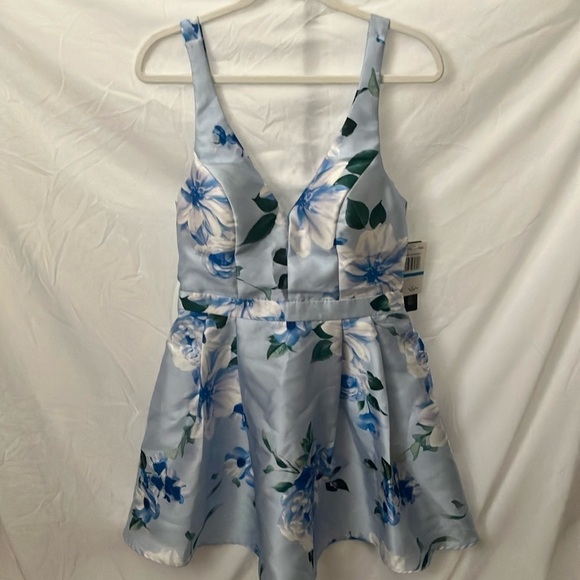 Sequin Hearts: Blue/White Flower Dress- Open Back with zipper back- tulle hem- 9 - Picture 1 of 16